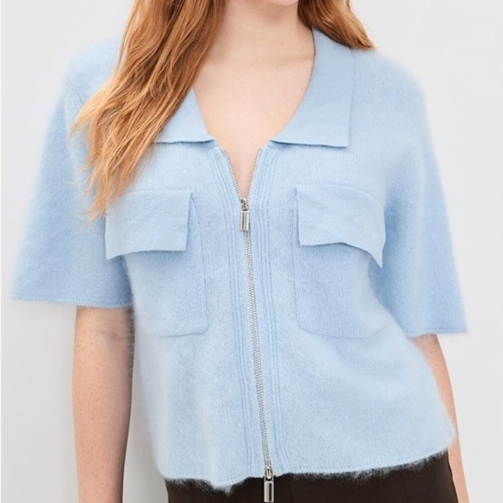 ALIGNE Erika Brushed Wool Knitted Shirt Womens L Blue Short Sleeve Full Zip